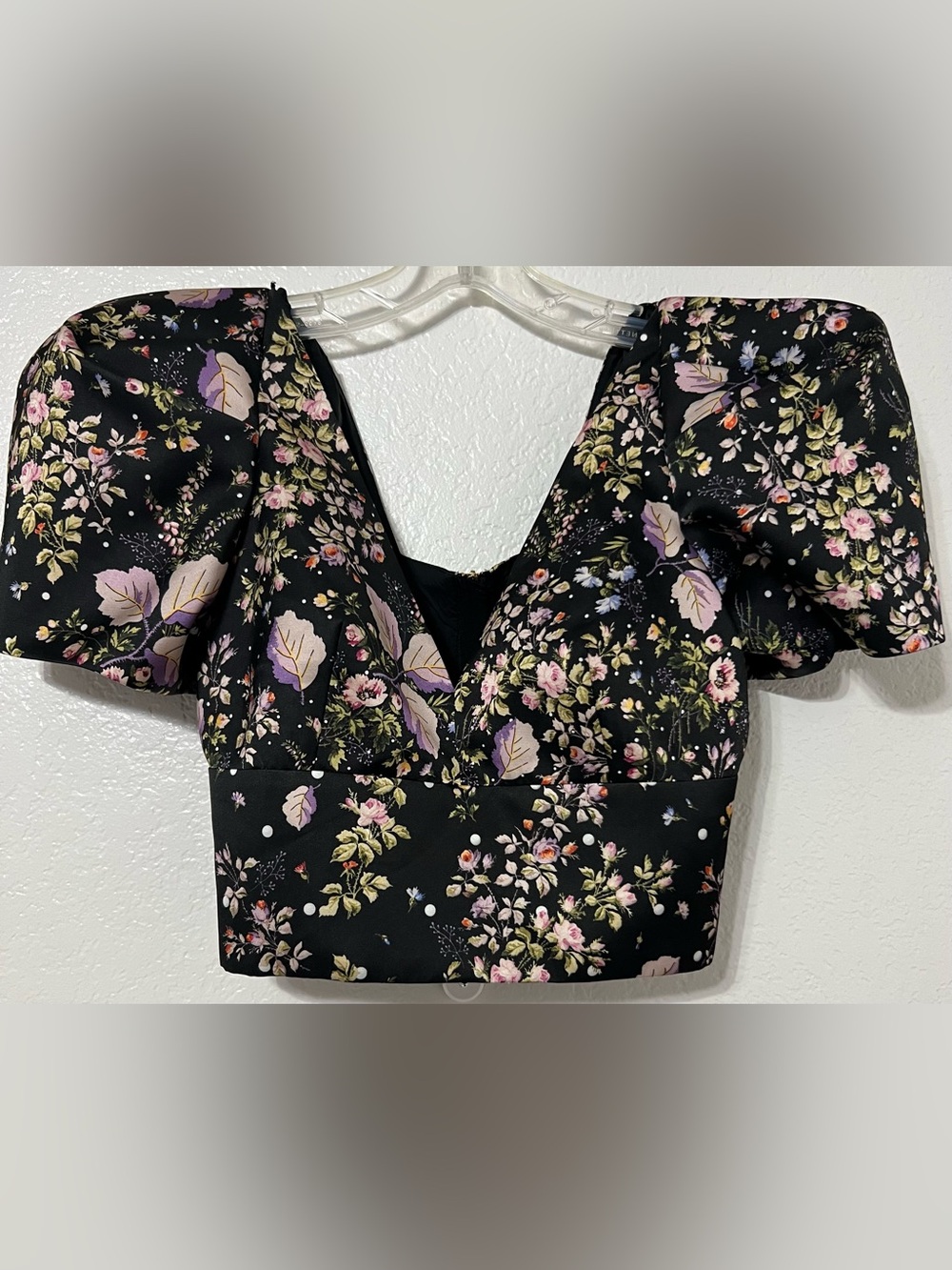 AMUR Floral Puff Sleeve Crop Top Silk Trim Romantic Cottagecore Bustier Top
